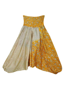  Yellow Floral Print Pant, Boho Hippie Aladdin Pant, Smock Waist Sari Pants S/M/L