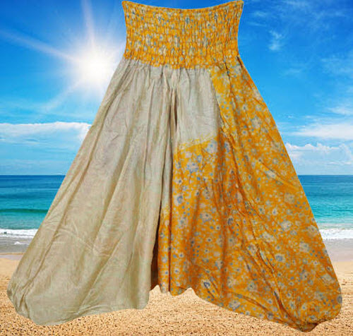 Yellow Floral Print Pant, Boho Hippie Aladdin Pant, Smock Waist Sari Pants S/M/L
