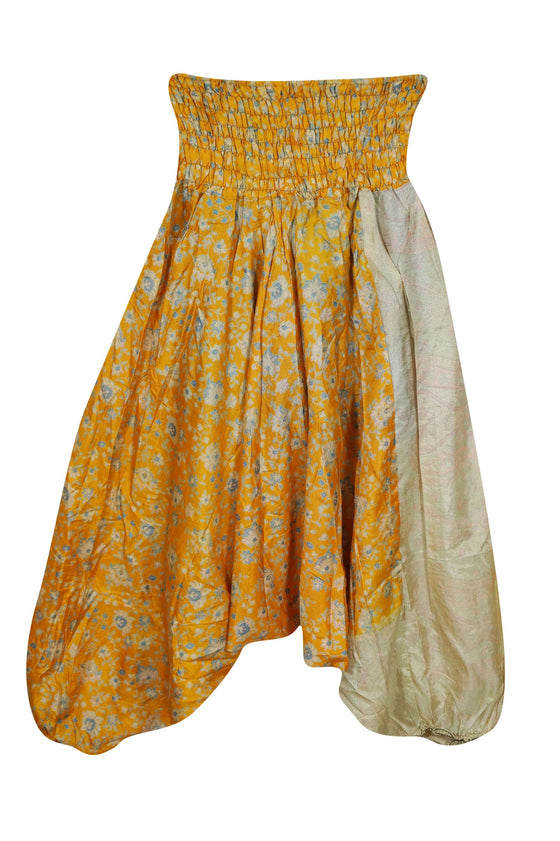 Yellow Floral Print Pant, Boho Hippie Aladdin Pant, Smock Waist Sari Pants S/M/L