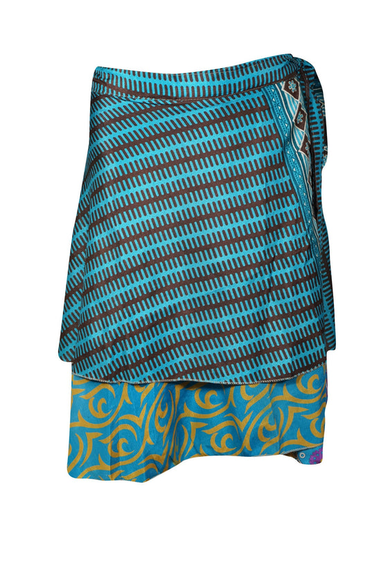 Blue & Orange Reversible Wrap Skirt – 2-Layer Printed Boho Silk Maxi Skirt Size
