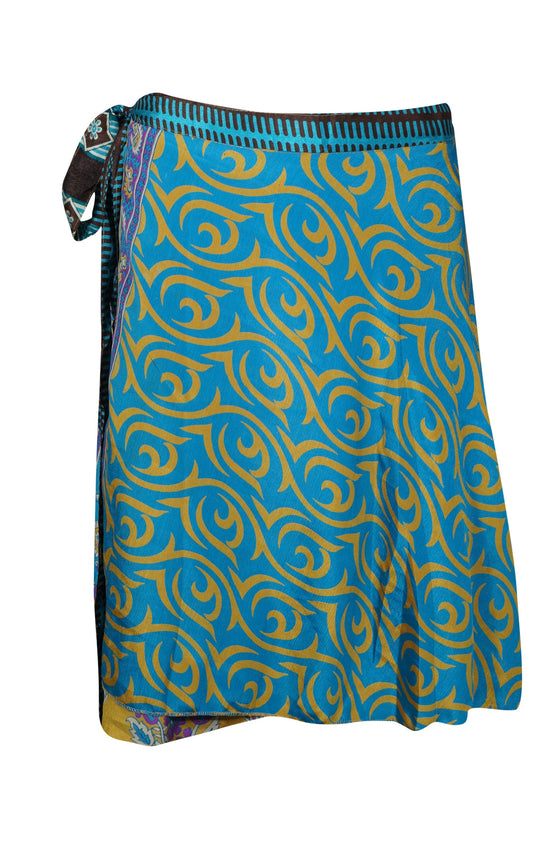 Blue & Orange Reversible Wrap Skirt – 2-Layer Printed Boho Silk Maxi Skirt Size
