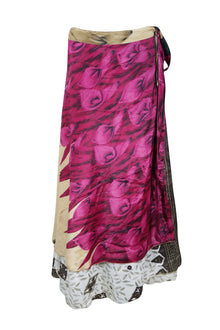 Pink, White Boho Printed Reversible Handmade Recycled Silk Wrap Skirt
