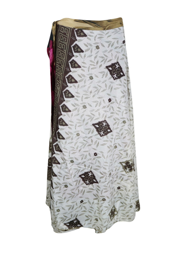 Pink, White Boho Printed Reversible Handmade Recycled Silk Wrap Skirt