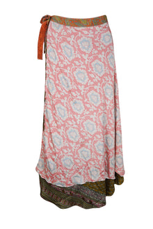  Womens Midi Wrap Skirt, Pink Printed Sari Skirt One Size