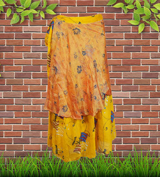 Womens Short Wrap Skirt Yellow Sari Skirt One Size