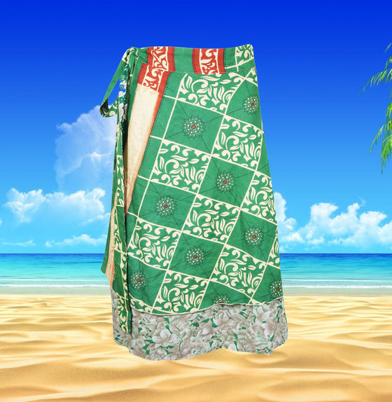 Womens Short Wrap Skirt Green Print Magic Sari Wrap One size