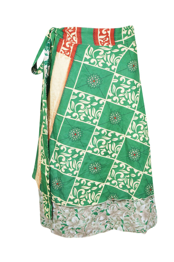 Womens Short Wrap Skirt Green Print Magic Sari Wrap One size
