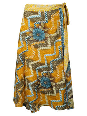 Womens Short Wrap Skirt, Yellow Floral Sari Skirt One Size
