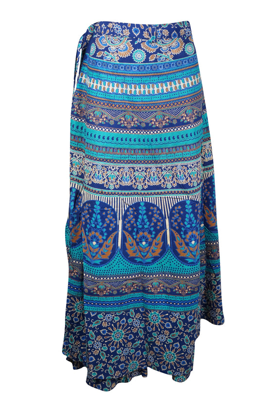 Printed Indian wrap Skirts, Jaipuri Wrap around Blue Peacock Maxi Cotton Travel Skirt Onesize