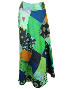  Womens Wrap skirt, Long Vintage Green Boho Patch Work Cotton Wrap Skirt One Size