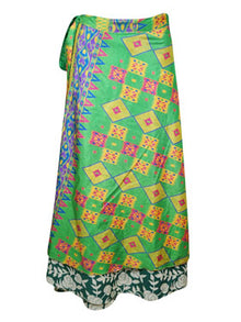  Wrap Long Skirt, Green Printed Silk sari Beach Skirt  One size