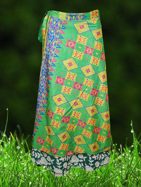 Wrap Long Skirt, Green Printed Silk sari Beach Skirt  One size