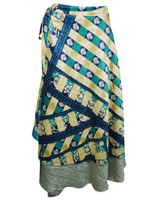  Womens Long Wrap Skirt Blue Printed Sari Skirt One Size