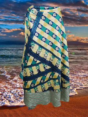 Womens Long Wrap Skirt Blue Printed Sari Skirt One Size