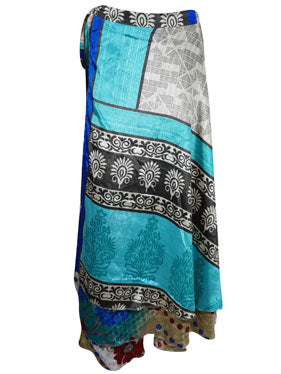 Wrap Long Skirt, Blue Printed Silk sari wrap skirt Valentine gift one size