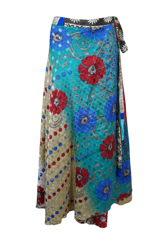 Wrap Long Skirt, Blue Printed Silk sari wrap skirt Valentine gift one size