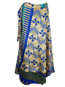  Wrap Long Skirt, Blue Printed Silk sari skirt Valentine gift one size