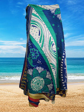 Sari Wrap Skirt, Blue Silk Reversible Retro Skirt, one size