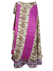 Bohemian Long Wrap Skirt Pink Printed Sari Wrapskirts
