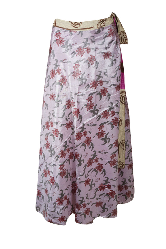 Bohemian Long Wrap Skirt Pink Printed Sari Wrapskirts, Onesize