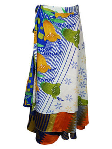  Bohemian Blue White Long Wrap Skirt Printed Sari Wrap Around Skirts One size