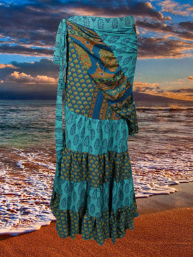Bohemian Blue Silk Sari Ruffle Wrap Skirt, Tiered Maxi Skirt One size