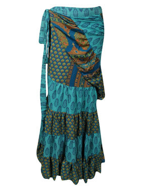 Bohemian Blue Silk Sari Ruffle Wrap Skirt, Tiered Maxi Skirt One size