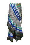 Women Ruffle Wrap Skirt Blue Printed Beach Skirt  One size
