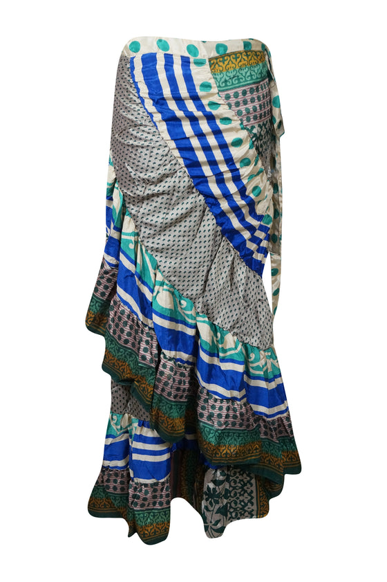 Women Ruffle Wrap Skirt Blue Printed Beach Skirt  One size