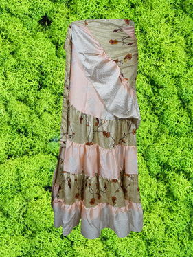 Womens Silk Sari Ruffle Wrap Skirt, Beige Tiered Maxi Skirt One size