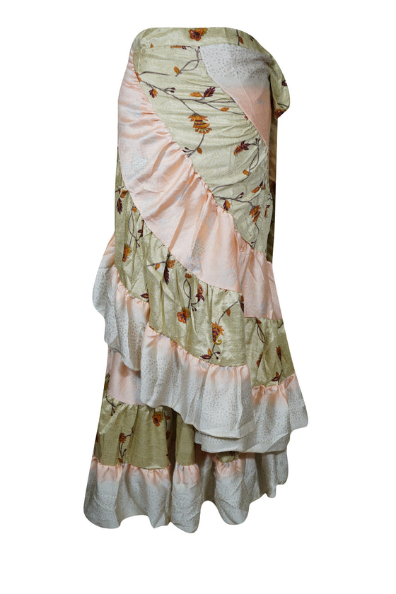 Womens Silk Sari Ruffle Wrap Skirt, Beige Tiered Maxi Skirt One size