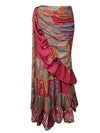 Womens Silk Sari Ruffle Wrap Skirt, Red Tiered Maxi Skirt One size