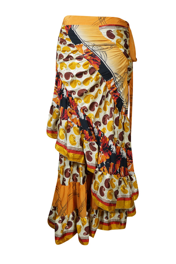 Womens Silk Sari Ruffle Wrap Skirt, Orange Tiered Maxi Skirt One size
