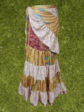 Womens Silk Wrap Skirt, Beige White Tiered Maxi Skirt One size