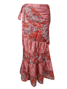  Women Ruffle Wrap Skirt, Red Pink Paisley Printed Beach Skirt, One size