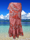 Women Ruffle Wrap Skirt, Red Pink Paisley Printed Beach Skirt, One size