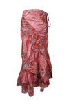 Women Ruffle Wrap Skirt, Red Pink Paisley Printed Beach Skirt, One size