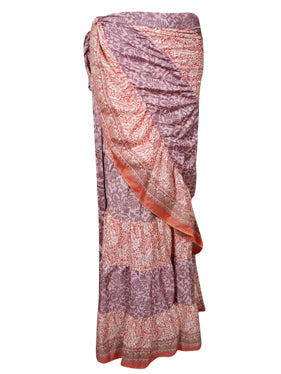 Womens Silk Wrap Skirt, Pink Purple Tiered Maxi Skirt One size