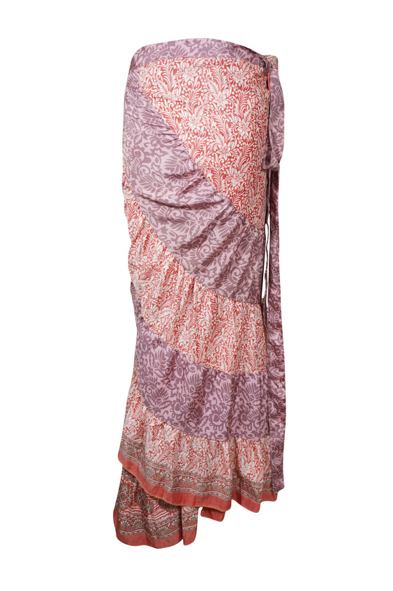 Womens Silk Wrap Skirt, Pink Purple Tiered Maxi Skirt One size