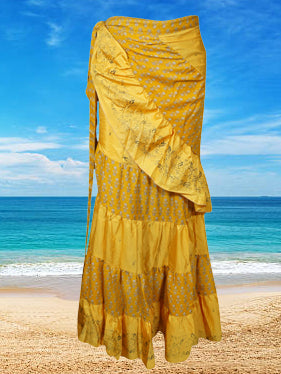 Womens Boho Ruffle Wrap Skirt, Yellow Summer Maxi Skirt One size