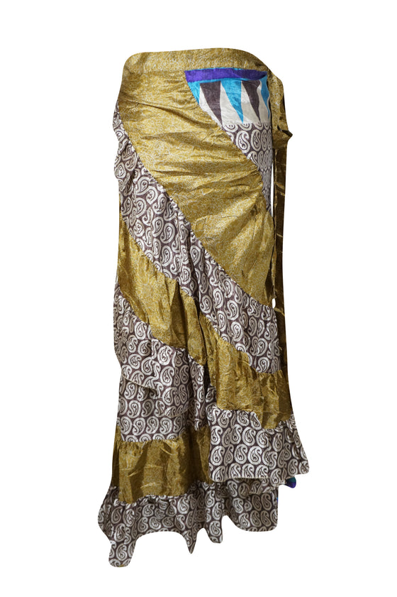 Women Tiered Beige Brown Paisley Printed Beach Skirt, One size
