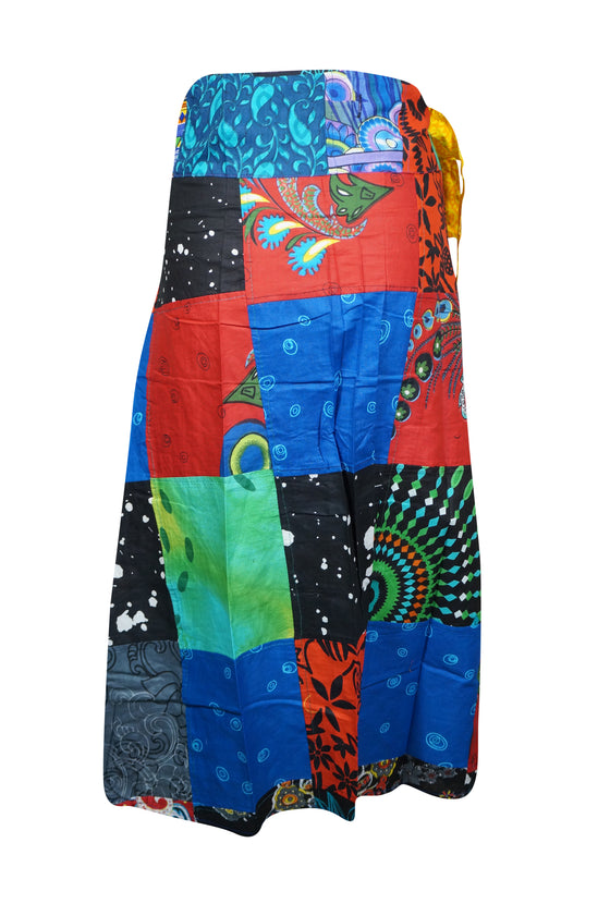 Womens Red Blue Patchwork Boho Midi Skirt  One Size