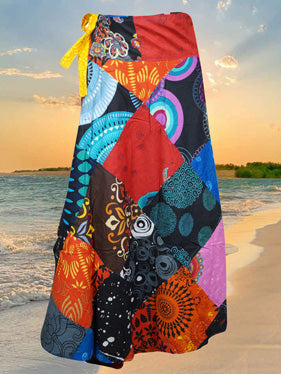Womens Wrap Around Skirts Red Patchwork  Fashion One Size