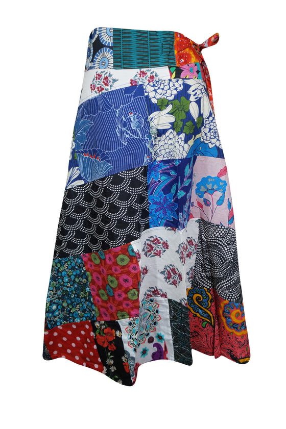 Womens Wrap Around Skirts Blue Red Patchwork Boho Short Skirt One Size