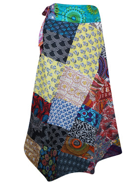 Womens Multicolor Wrap Skirts, Retro Cotton Patchwork Wrap Around One Size