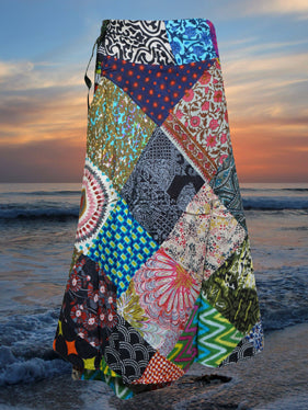 Womens Multicolor Wrap Skirt, Beach Summer Cotton Patchwork Wrap Skirt