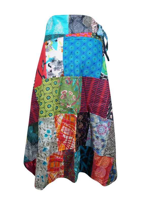 Womens Multicolor Wrap Skirt, Gypsy Summer Cotton Patchwork Skirts, One size