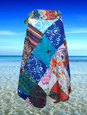 Womens Blue Wrap Skirt, Boho Summer Cotton Patchwork Skirts, One size