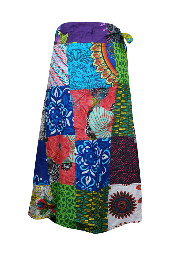 Womens Blue Wrap Skirt, Boho Summer Cotton Patchwork Skirts, One size