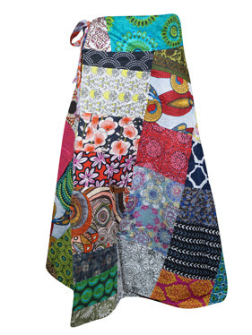 Womens Multicolor Wrap Skirt, Retro Hippy Cotton Patchwork Skirts, One size